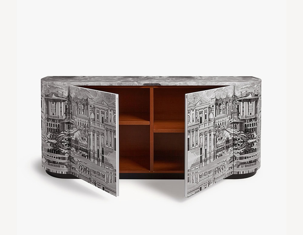Double Buffet Sideboard with two doors. Outside buildings pattern, red color inside on a white background.