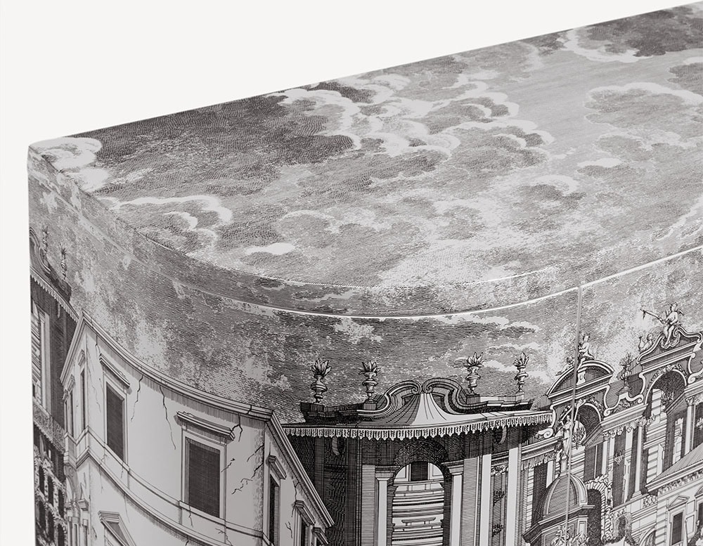 Closeup of Double Buffet Sideboard with two doors. Outside buildings pattern, red color inside on a white background.