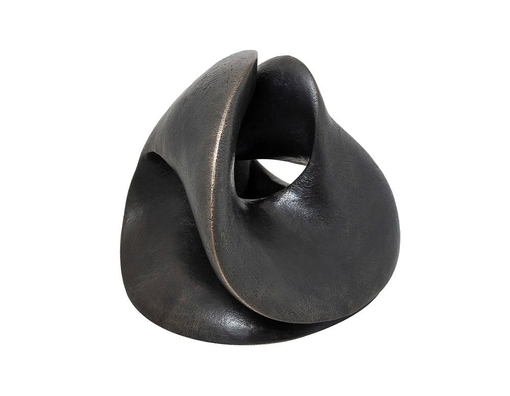 Sculpture in bronze features fluid, continuous curves that evoke organic movement. Its abstract design makes it a striking accessory that adds depth and character to any interior setting.