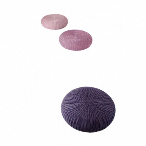 A trio of knitted outdoor poufs in gradient pink and purple hues, blending comfort and playful color to enhance relaxed lounging spaces.