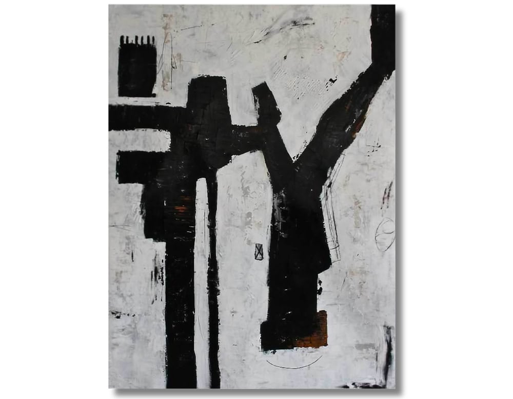 Bold black forms intersect across a textured white canvas, creating a dynamic composition of abstract, architectural silhouettes with hints of primitive symbolism.
