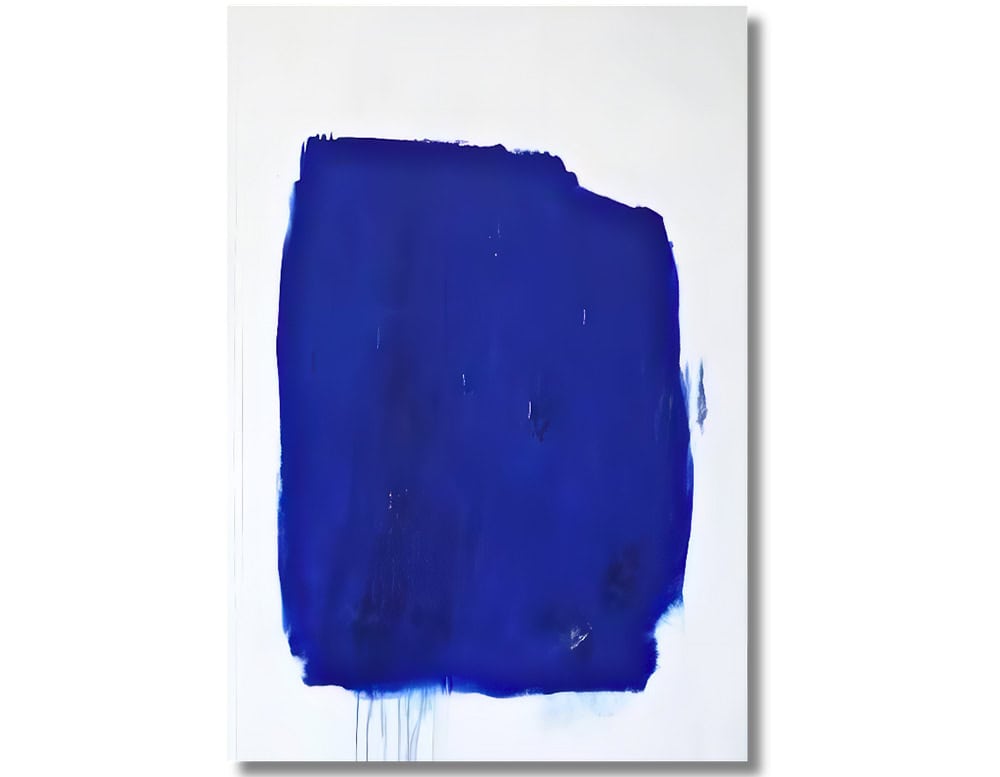 A bold field of ultramarine blue saturates the canvas, with subtle drips and textures creating depth and spontaneity against a stark white background.