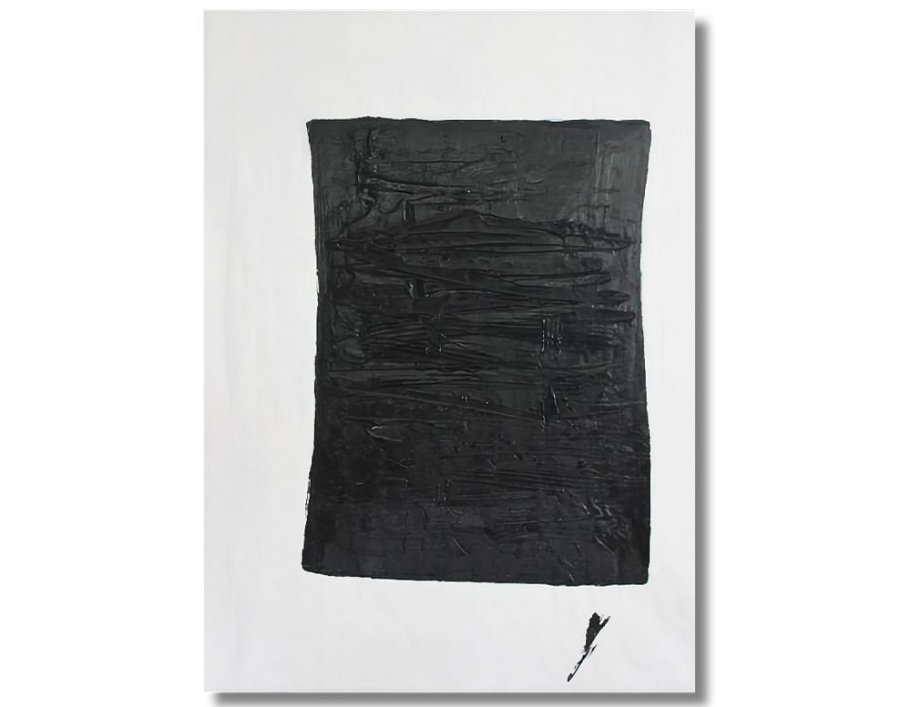 A thick, textured black rectangle dominates the canvas, leaving a small brushstroke at the bottom right that adds a subtle, poetic contrast.