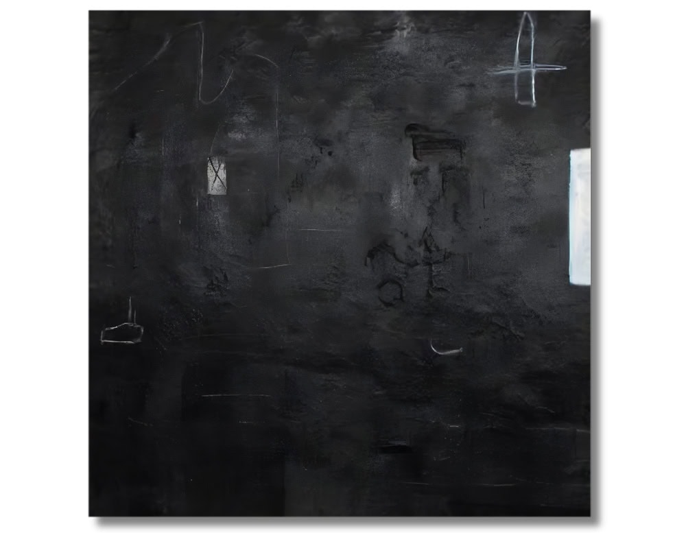 A textured black canvas reveals subtle symbols and marks, with faint crosses and windows emerging from the darkness to evoke mystery and introspection.