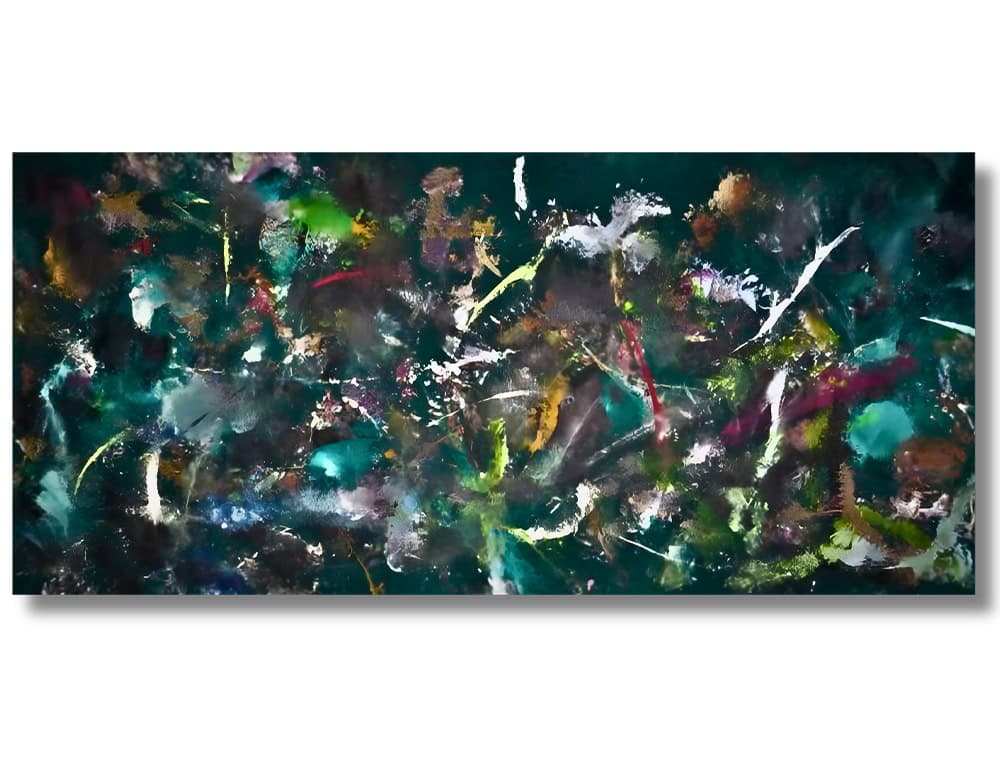 A vivid composition where deep greens mix with splashes of color and dynamic brushwork. The piece feels like a lush, abstract forest in motion.