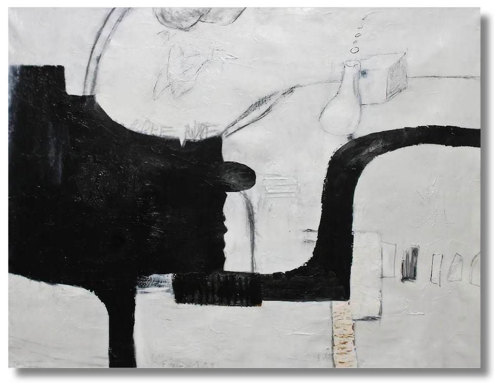 Bold black shapes cut across a textured white canvas, creating a stark contrast. Faint sketches of objects and lines appear in the background, adding subtle layers of mystery.