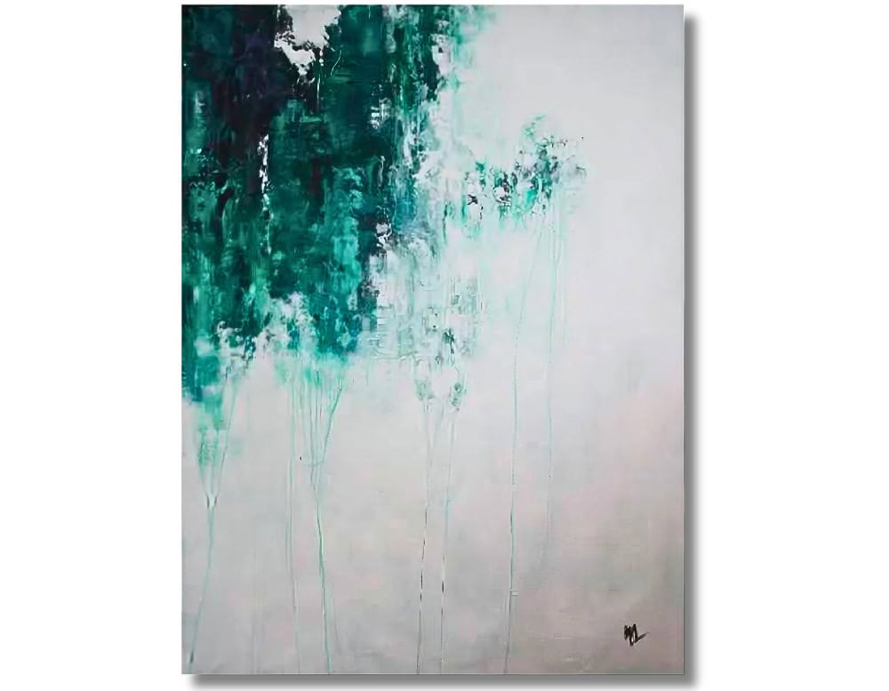 Abstract vertical strokes in deep emerald and teal cascade from the top, blending into soft drips. The lower portion remains light, offering contrast to the textured upper section.