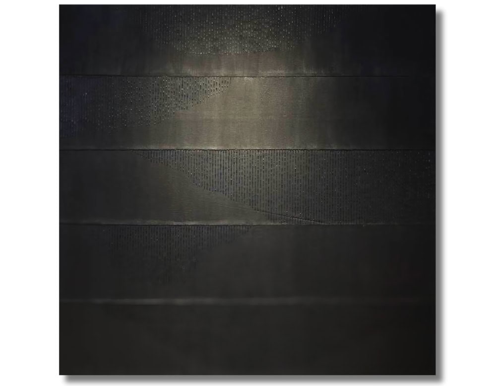 A monochromatic artwork with horizontal bands in deep black tones. Subtle textures and fine vertical lines create movement across the surface, producing a gradient-like play of light and shadow.