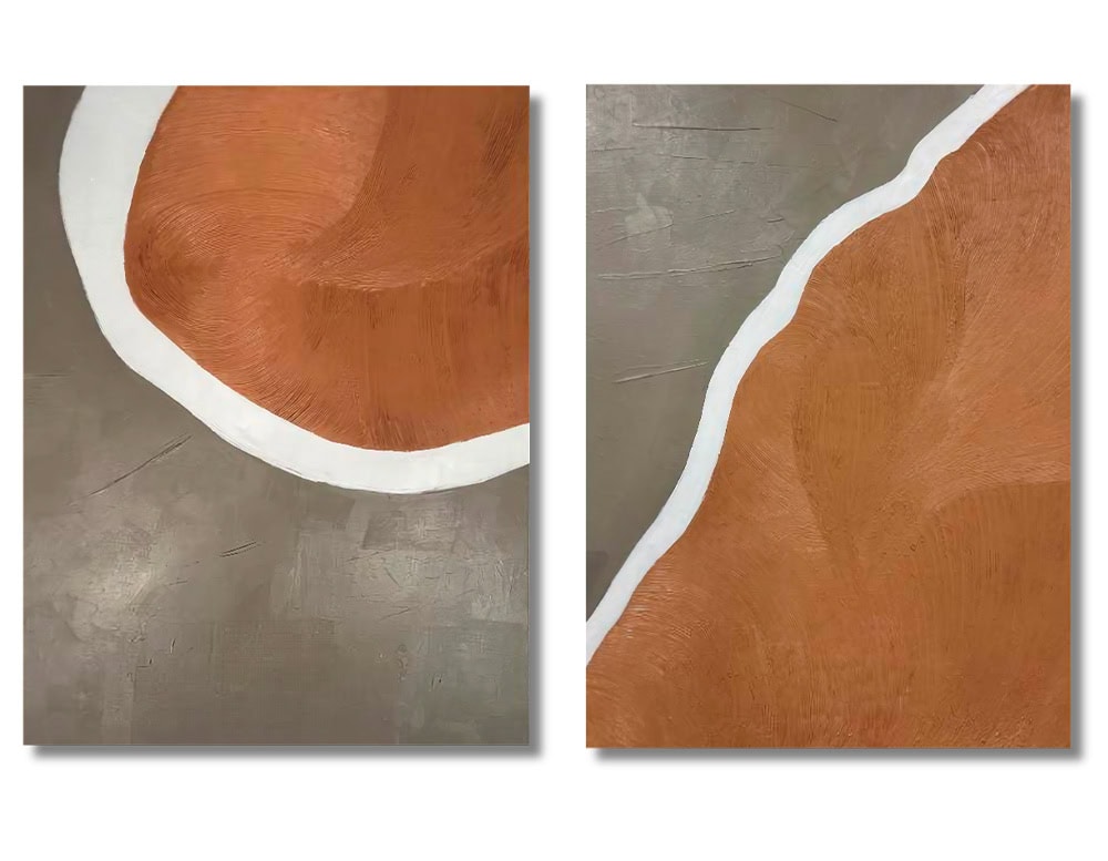 Two-panel abstract artwork with warm terracotta forms bordered by a white contour. The earthy tones meet a muted gray background, evoking natural landscapes with bold yet minimal gestures.