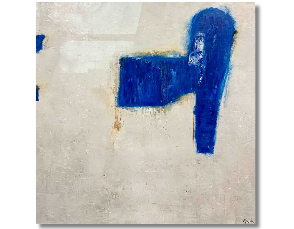 Abstract artwork featuring bold cobalt blue forms over a textured, off-white canvas. The composition evokes movement and contrast with expressive brushstrokes and layered depth.