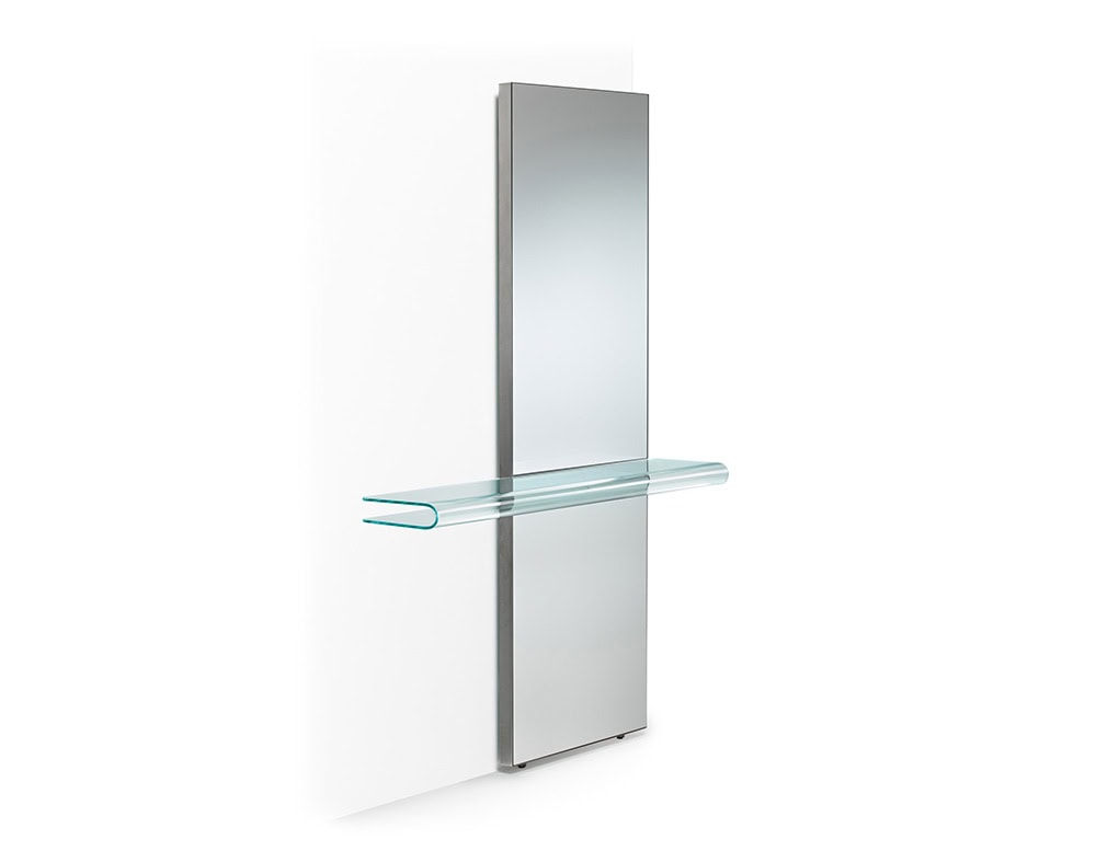 The Fiam Let Me See Mirror stands out with its minimalist vertical frame and gracefully curved glass shelf, bringing a sleek and functional accent to any contemporary space.