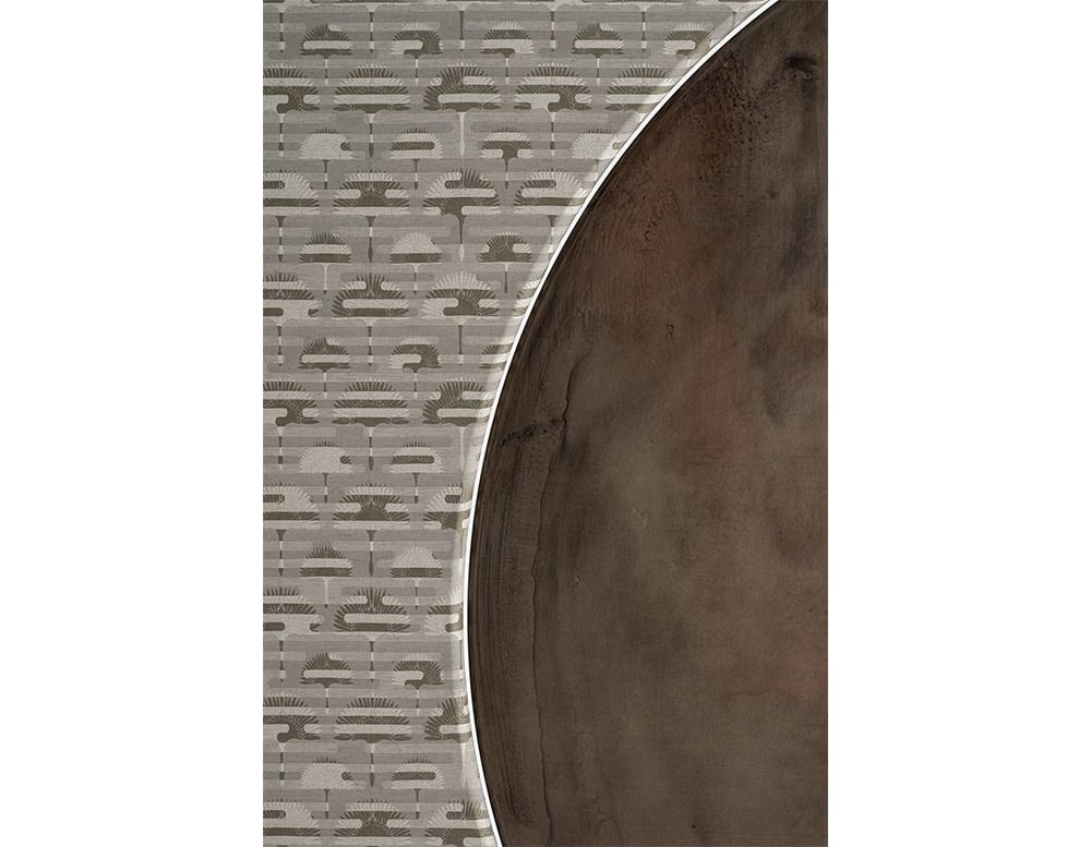 The Enso Screen highlights a soft grey patterned textile paired with a warm brown wooden insert. The materials create an understated contrast while keeping a neutral, elegant look.