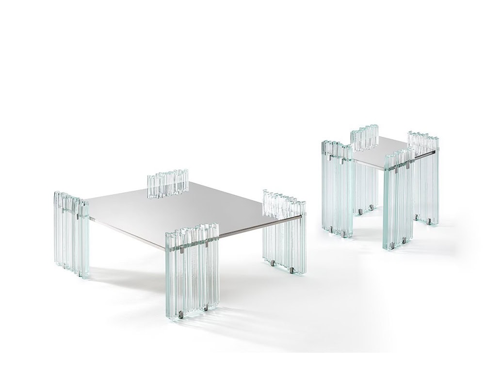 GR Mirage Coffee Table set in two sizes, features mirrored tops and layered glass legs. The transparent design creates an airy and sophisticated look, with both tables displayed against a crisp white backdrop.