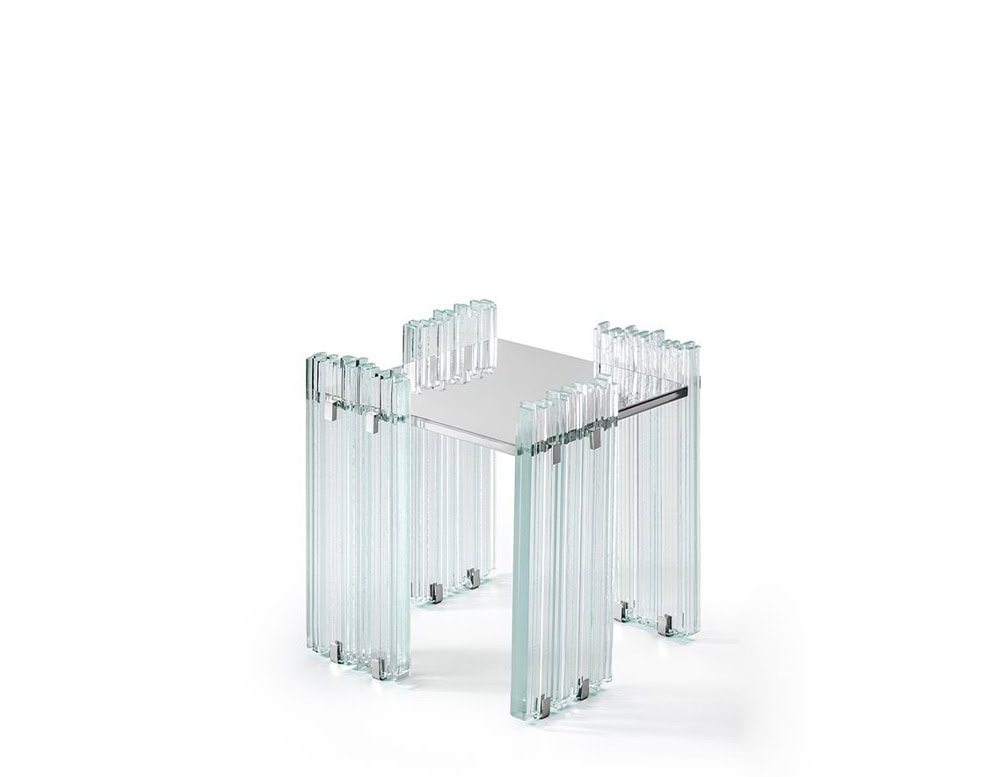 GR Mirage Coffee Table in a smaller version with a square mirrored top and vertical glass rod legs. The compact design stands alone against a white background, highlighting its sleek, transparent structure.