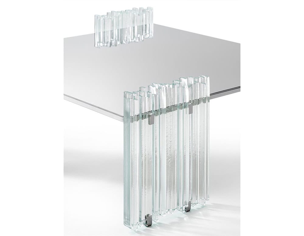 GR Mirage Coffee Table featuring a mirrored top with clear glass rod legs. The close angle highlights the layered texture of the legs and the reflective surface, emphasizing the piece's sculptural geometry.