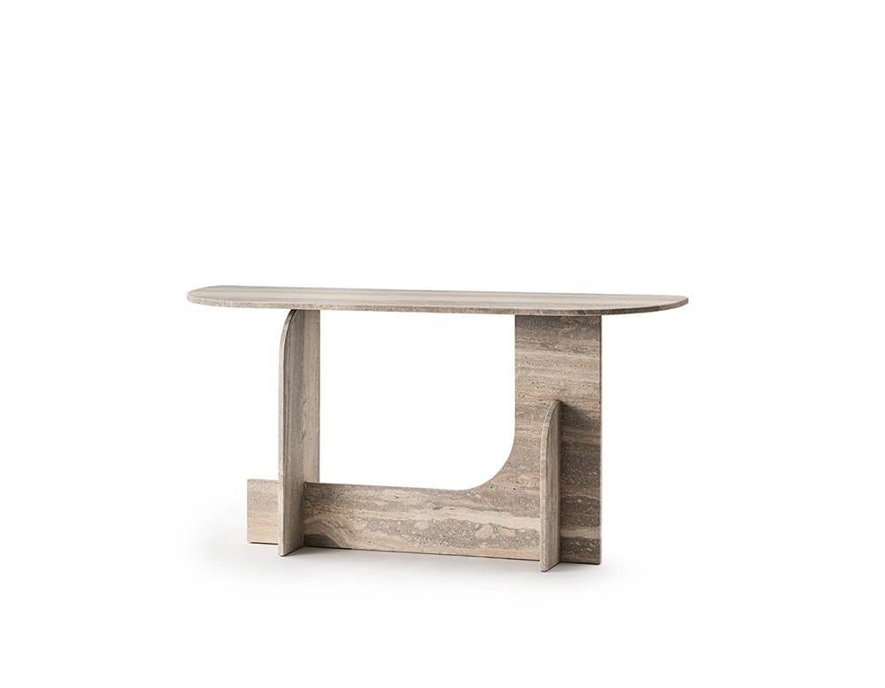 The GR Selce Console Table highlights smooth travertine layers in light sand and stone hues. Its minimal profile and sculptural leg detail give it a contemporary, natural elegance.