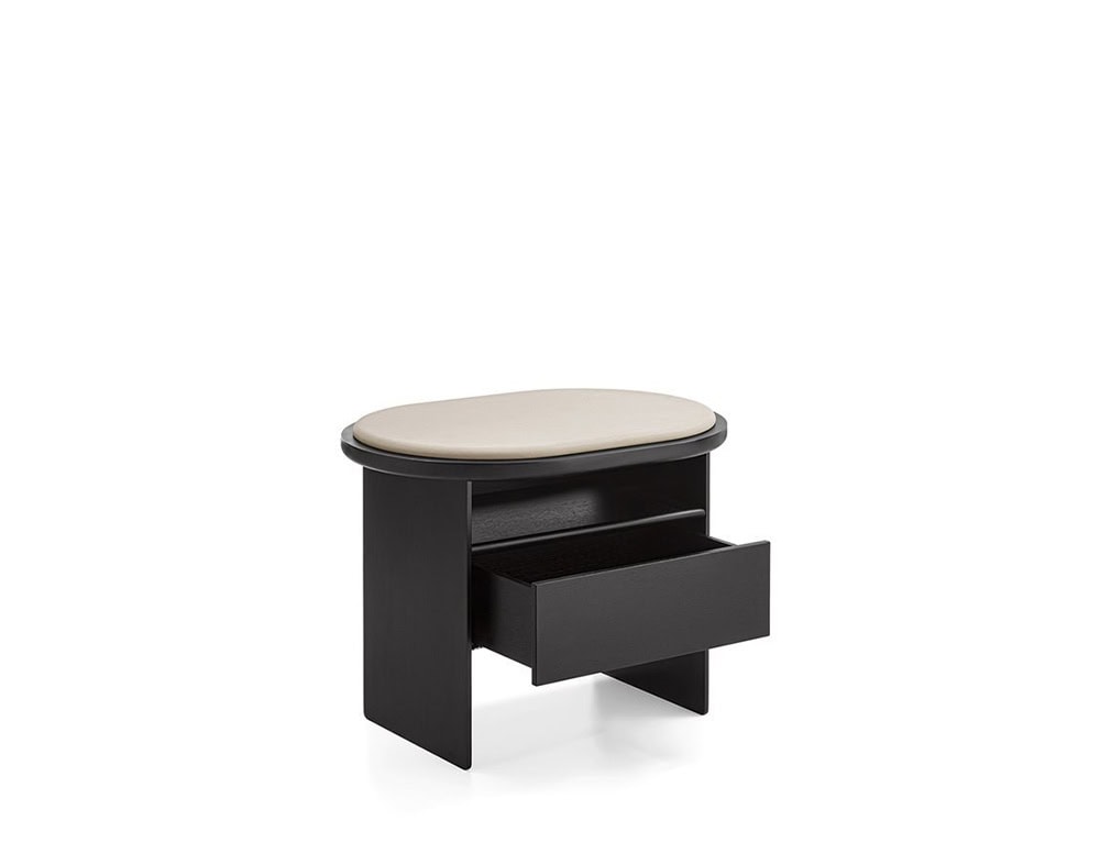 The GR Sensei Night Table combines a taupe leather top with a black oak structure. Its drawer opens smoothly, offering practical storage while maintaining a soft, minimal silhouette perfect for modern bedrooms.