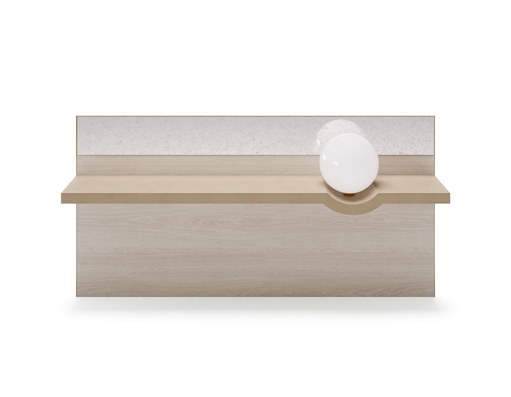 The GR Stresa Mirror showcases light oak wood with an antiqued mirrored top. A soft white glass globe rests within the integrated shelf, bringing a warm, ambient accent to the refined and minimal structure.