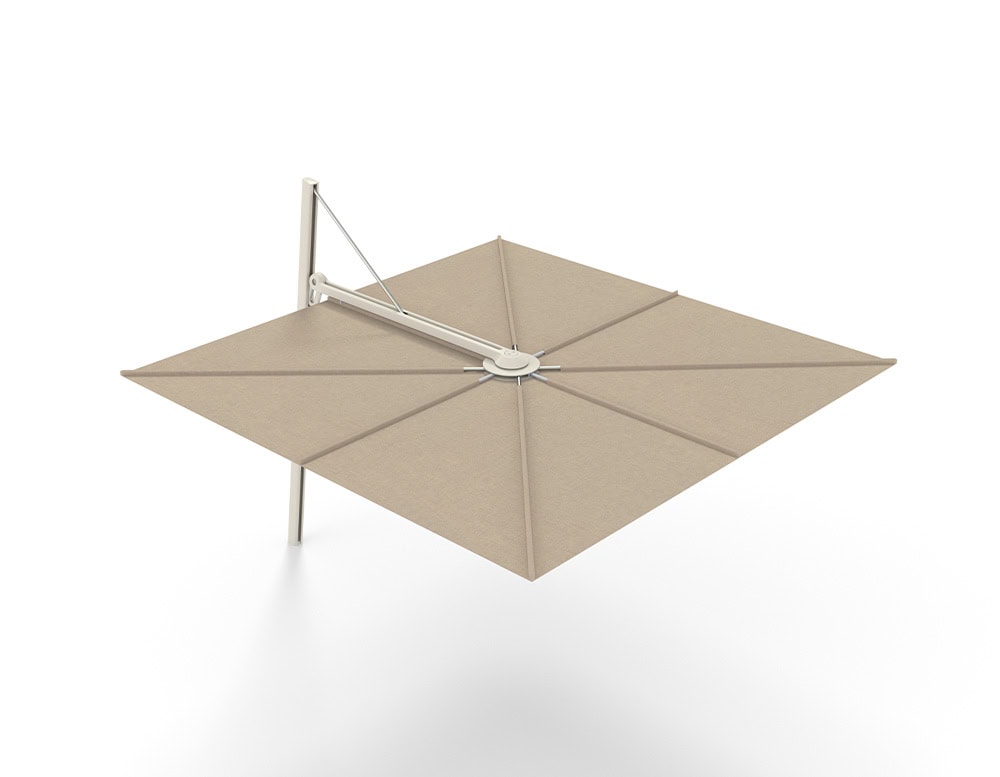 Versa UX Umbrella with a soft taupe canopy and cream-toned frame. Its clean lines and neutral colors create an airy, coastal aesthetic ideal for minimalist outdoor spaces.