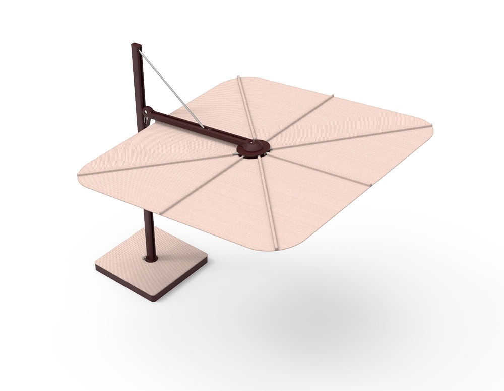 Versa UX Umbrella in a soft blush pink canopy with a rich burgundy frame. Its rounded-square shape brings elegance and a gentle contrast, ideal for warm, sunny patios or relaxed garden lounges.