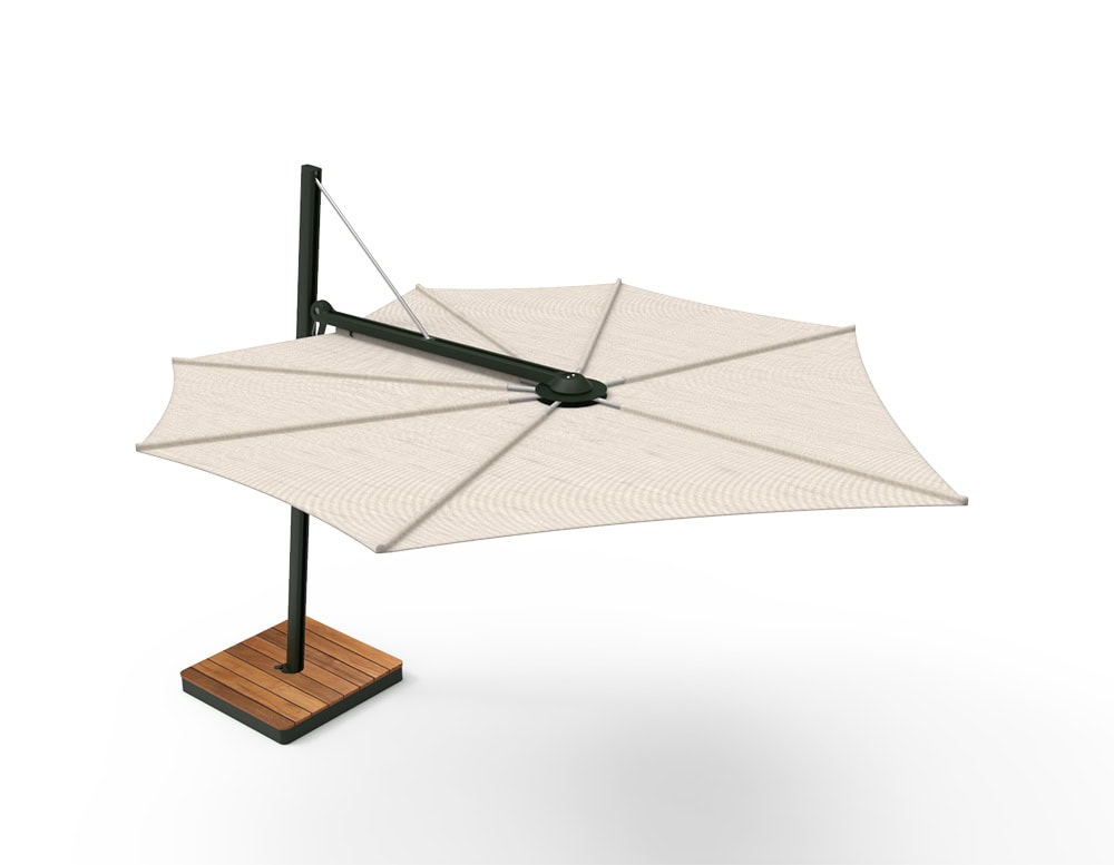Versa UX Umbrella shown in a soft ivory canopy with a dark green frame and warm wood base. Its sculpted round profile adds elegance and contrast, ideal for polished terraces or nature-rich lounge areas.