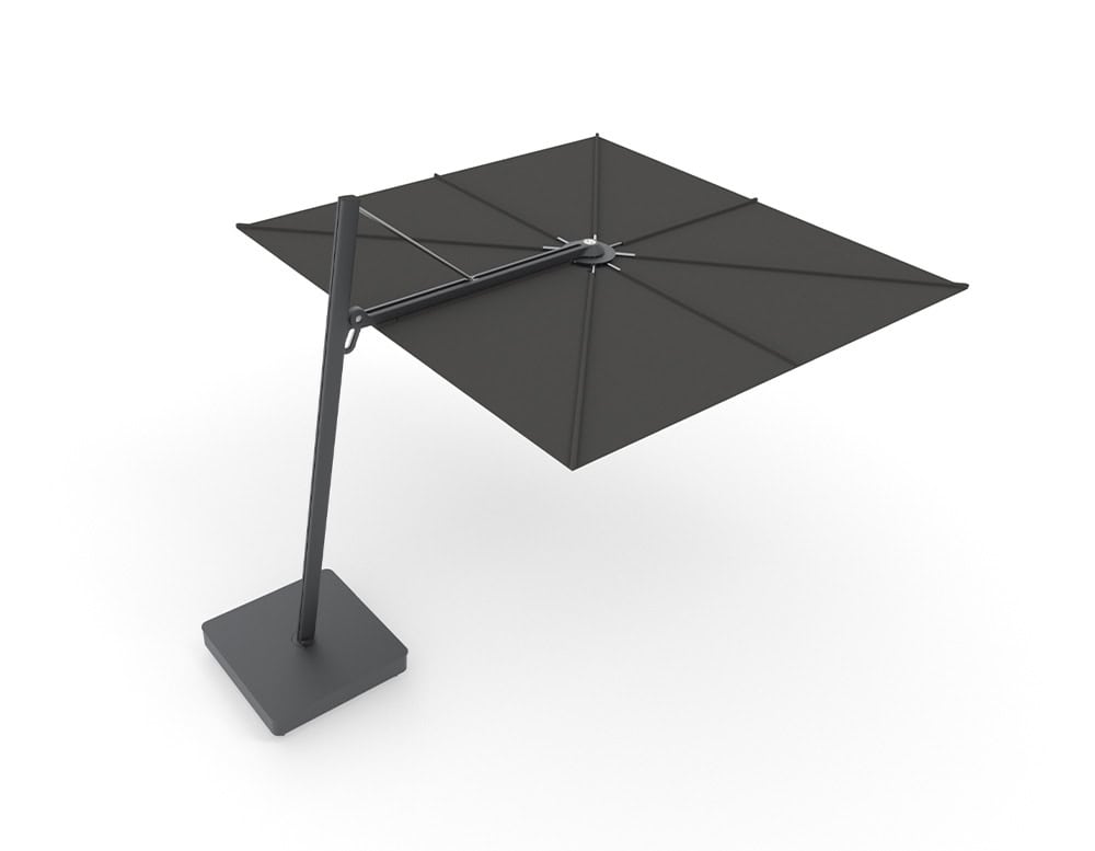 Versa UX Umbrella shown in a deep charcoal black finish. The canopy forms a sharp square silhouette, ideal for sleek, contemporary outdoor spaces or urban patios with a minimalist aesthetic.