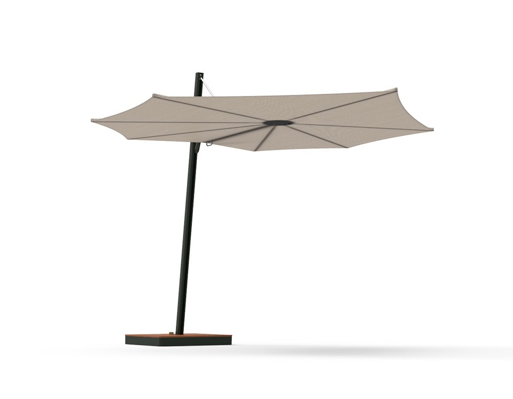 Versa UX Umbrella showcases a light taupe canopy stretched wide over a sleek black frame. Set against a white background, its sculptural shape and floating silhouette highlight its elegant, modern functionality.