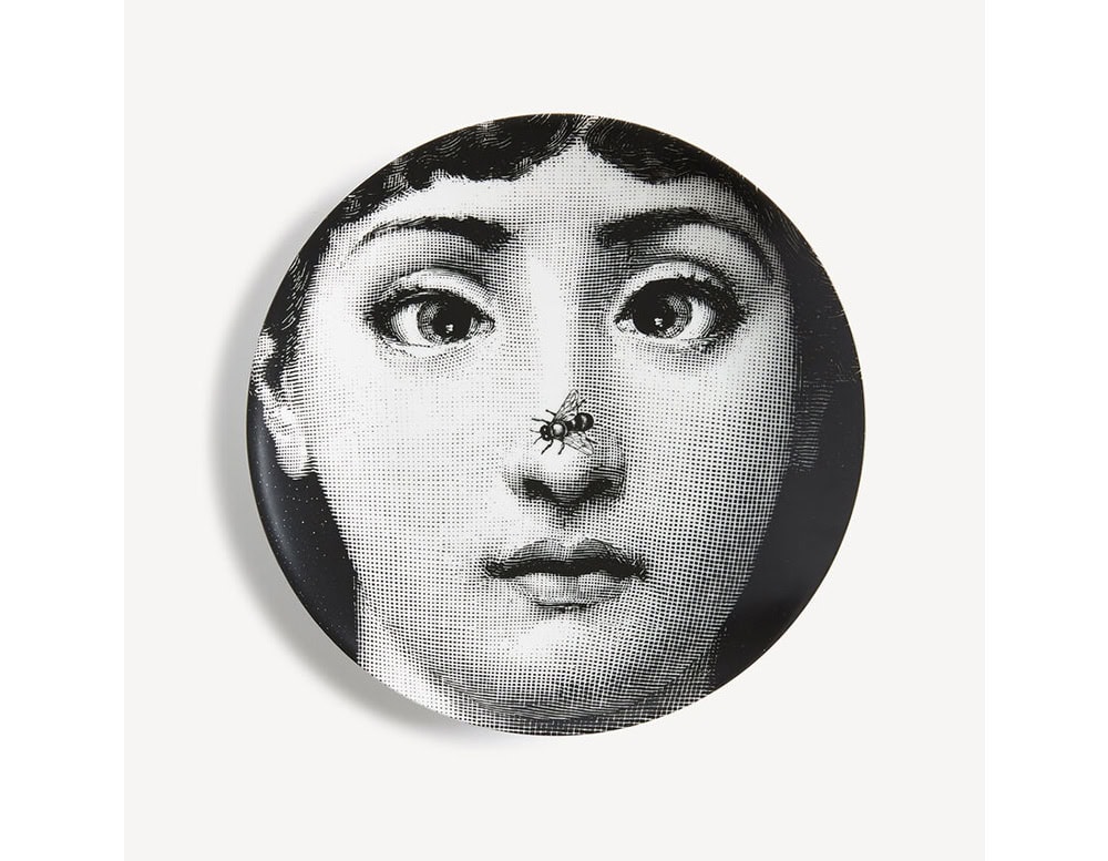 A surreal porcelain plate featuring a woman's gaze interrupted by a delicate fly at the center. Whimsical and bold this piece brings artistic tension and charm to any wall or tabletop.