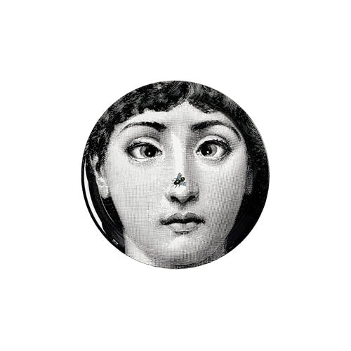 Striking round tray featuring a surreal black and white face design with a whimsical insect detail, adding artistic charm and a playful touch to any display or serving setting.