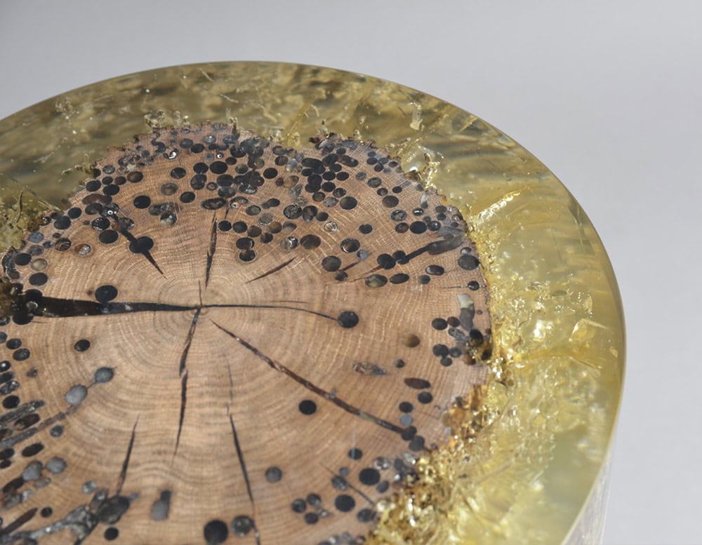 A sculptural seat blending a raw wood core with crystal-clear amber resin. Metal inclusions enhance the natural rings, creating a surface that feels both ancient and experimental.
