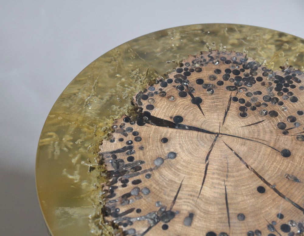 This stool highlights a cross-section of natural wood preserved in translucent golden resin. Embedded metal dots create contrast and texture, blending craft with organic character.