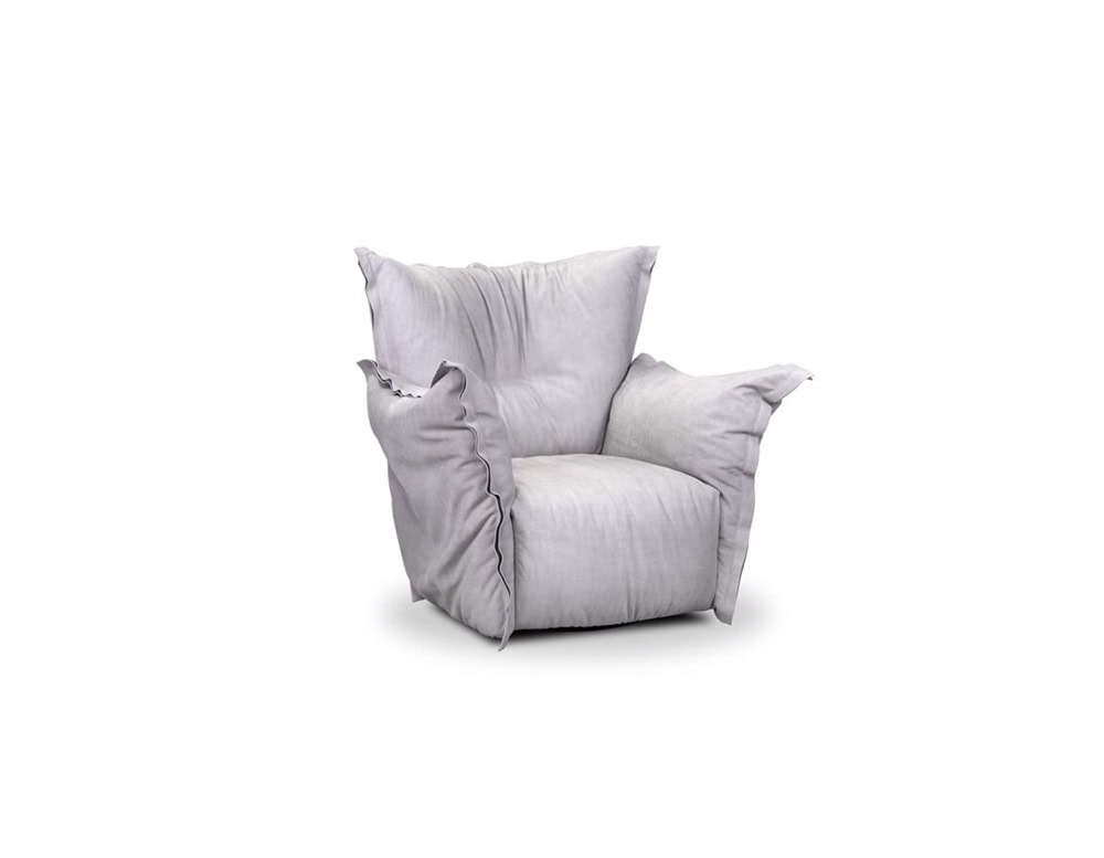 Contemporary armchair with a generous cushioned design in light grey fabric and loose, casual stitching for a cozy look.