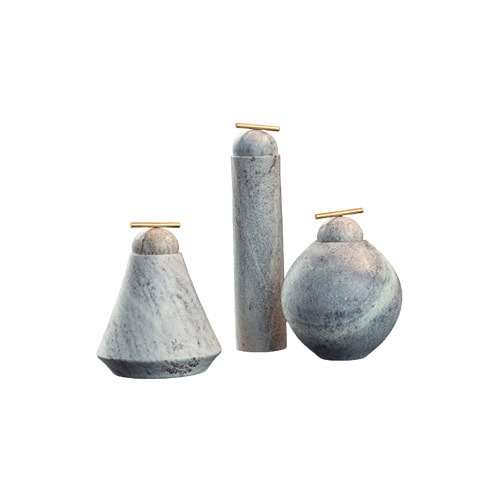 AOI Vase presents minimalist silhouettes in natural gray stone with subtle variations, finished with delicate brass accents for a refined and timeless appeal.
