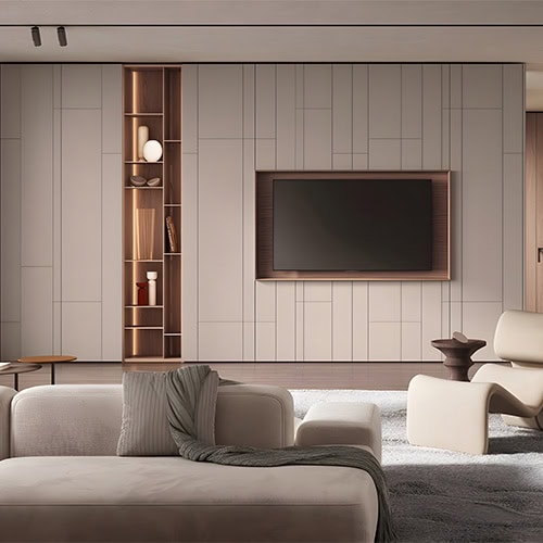 Combining hidden storage with open vertical niches, this wall unit showcases a refined design that elevates media spaces with warmth and architectural precision.