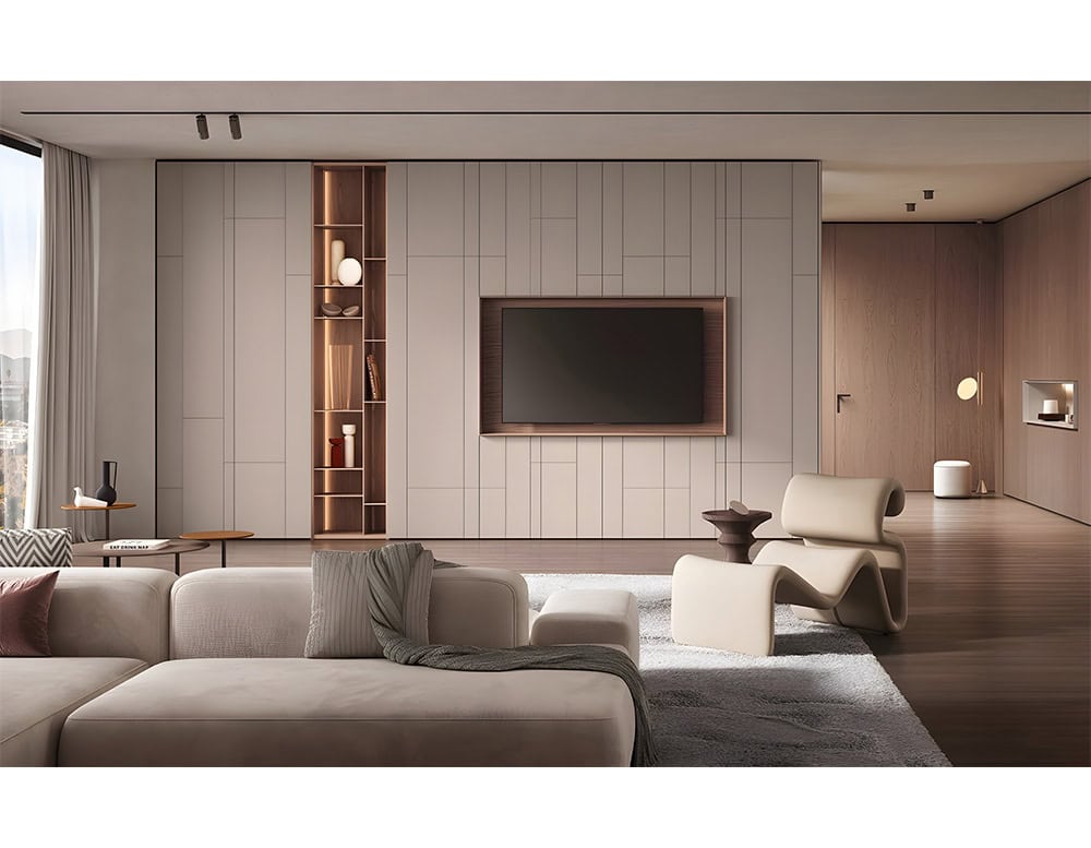 This wall unit features sleek paneling with integrated shelving and a framed TV area, offering a balanced mix of elegance and functionality for contemporary interiors.