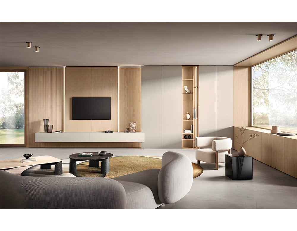 Blending clean architectural lines with warm natural finishes, this wall unit offers refined storage and display possibilities while maintaining an understated contemporary aesthetic.