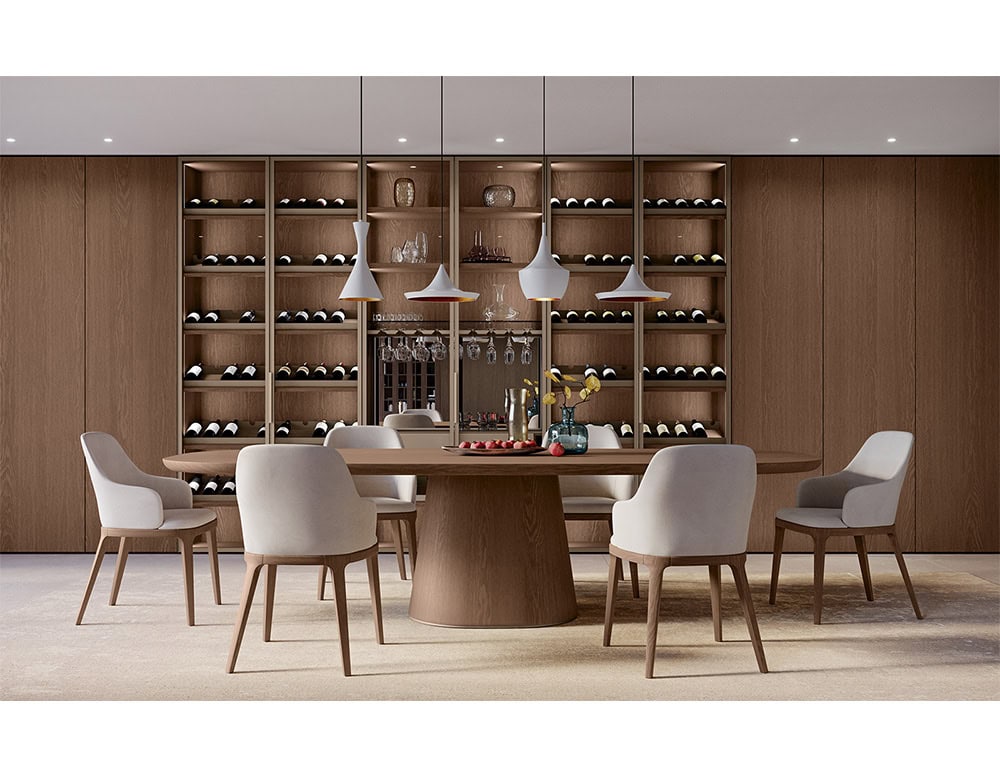 This wall unit offers a refined wine display with integrated glassware storage, turning the dining area into a sophisticated entertaining space.
