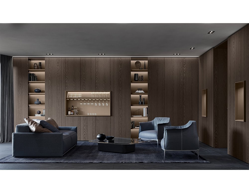 With its striking symmetry and integrated lighting, this wall unit transforms storage into an elegant focal point for entertaining areas.