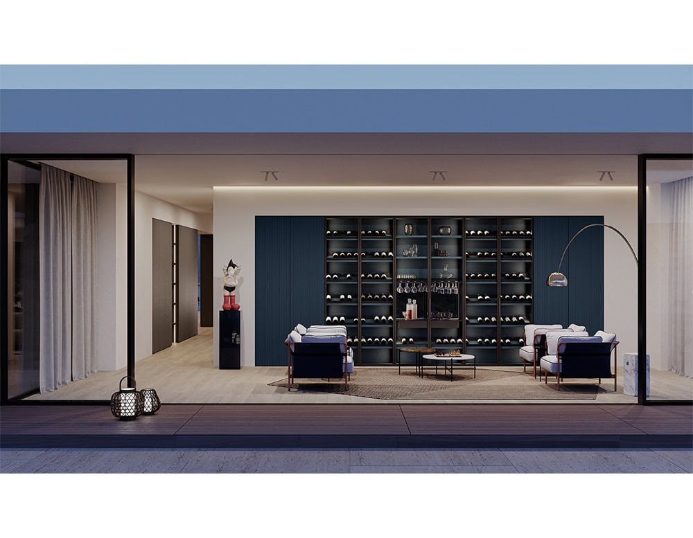This wall unit combines concealed cabinets with illuminated open shelving, creating a luxurious display space for collections, wine, and glassware.