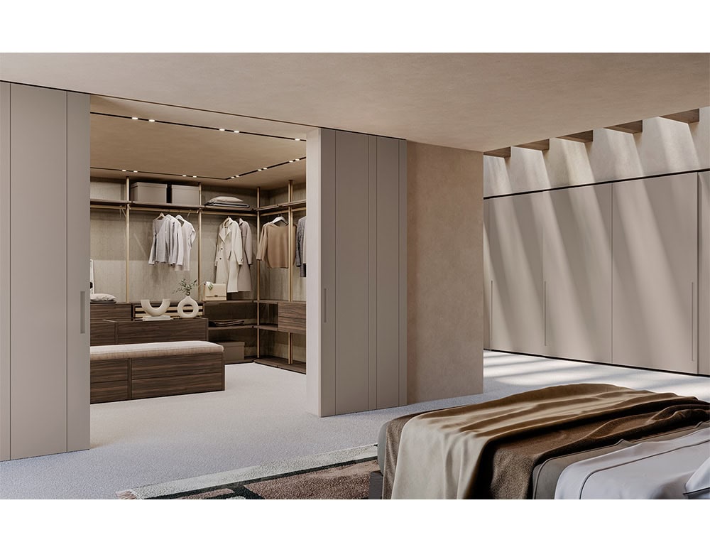This expansive walk-in wardrobe features sleek concealed doors and an open interior layout, blending modern design with ultimate storage flexibility.