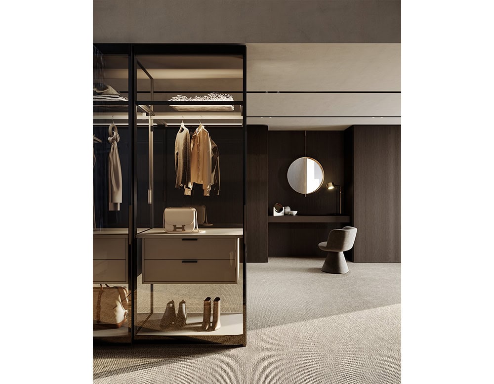Designed as a modern wardrobe solution, this unit combines transparent panels with floating drawers and shelves, creating an elegant balance of storage and style.