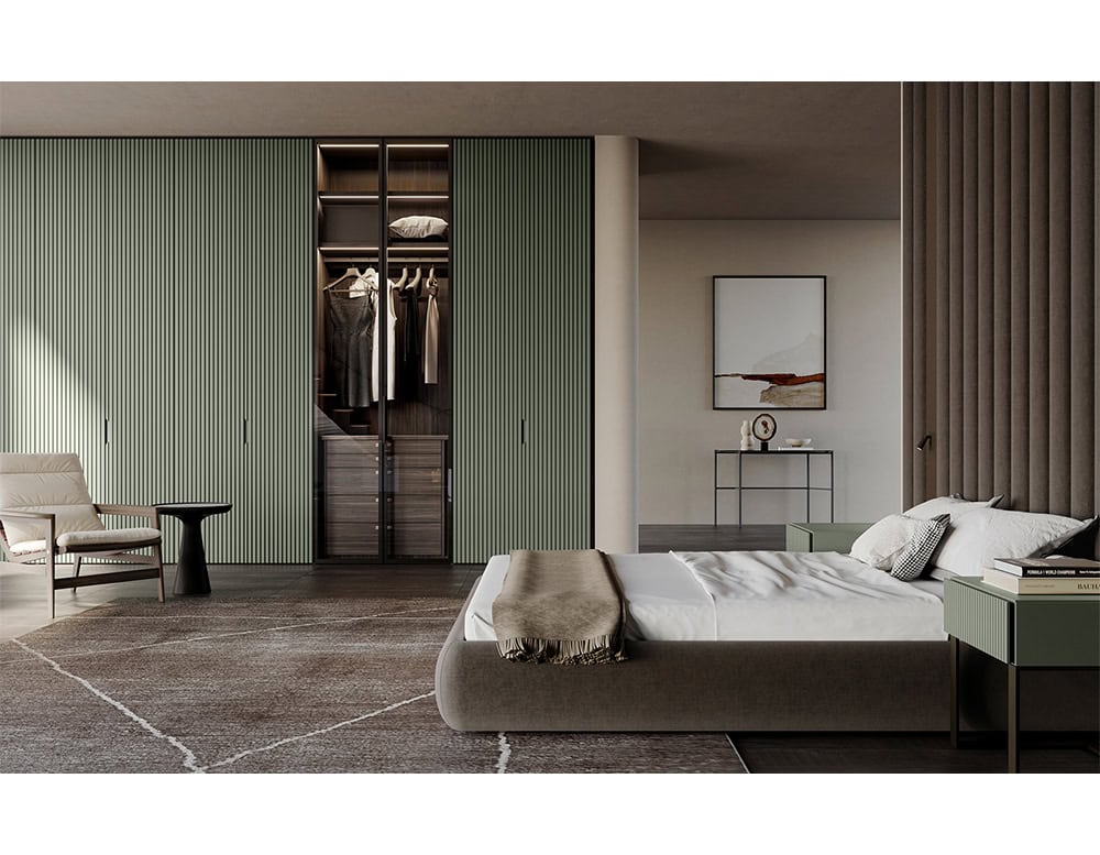 This wall unit combines soft vertical textures with muted tones to create a calming, architectural backdrop for the bedroom, concealing ample storage space with elegance.