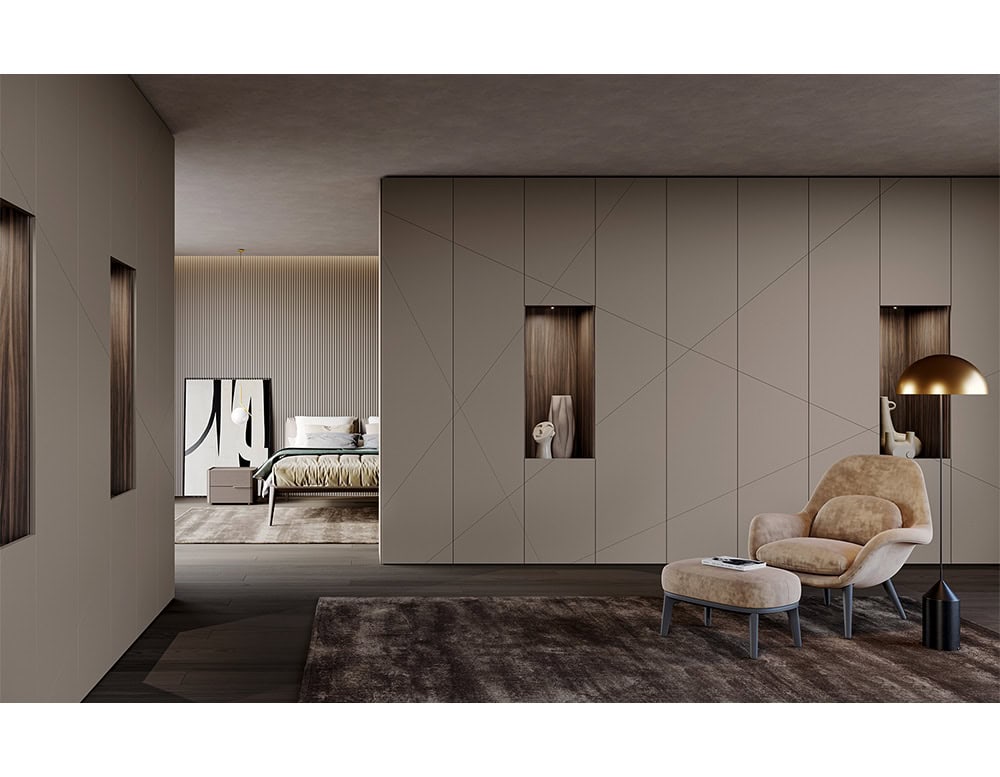 Blending contemporary design and practicality, this wall unit conceals ample storage while showcasing curated decor pieces in illuminated alcoves.