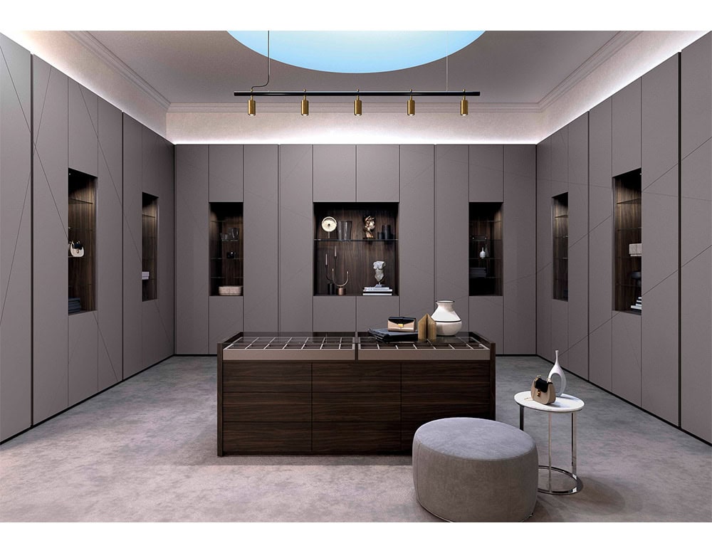 Designed with architectural precision, this wall unit merges hidden storage and illuminated alcoves to elevate the atmosphere of any room.