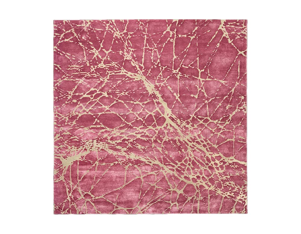 Sah Maze Rug features a bold rose background interlaced with golden veins, evoking the beauty of natural marble. Its striking pattern adds depth and sophistication to contemporary interiors.