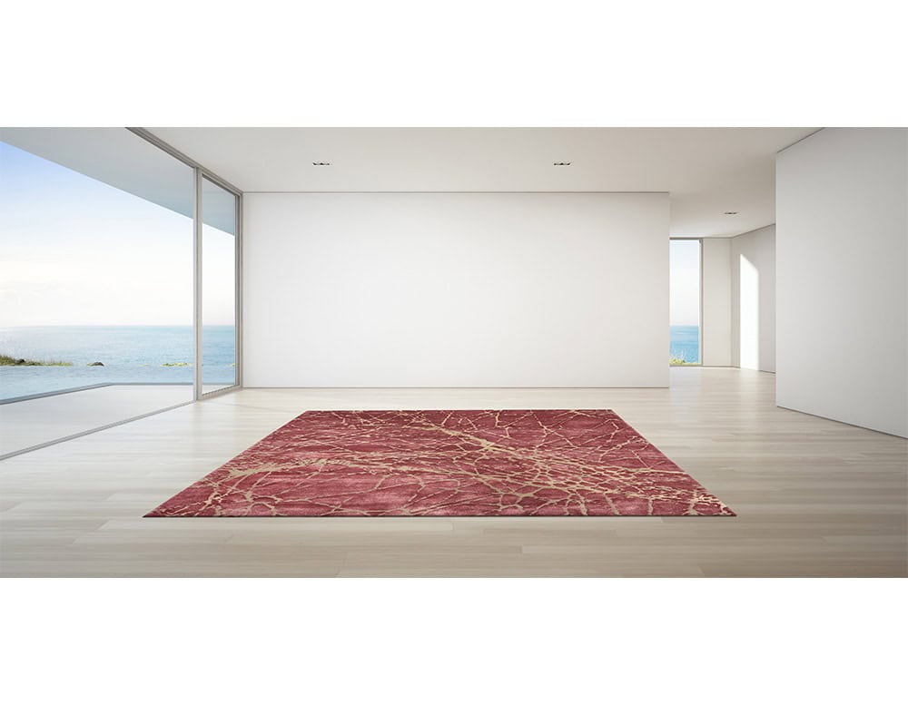 Sah Maze Rug presents a vivid red base with intricate golden vein-like details. Its dynamic design adds warmth and sophistication, making it a striking focal point in modern minimalist spaces.