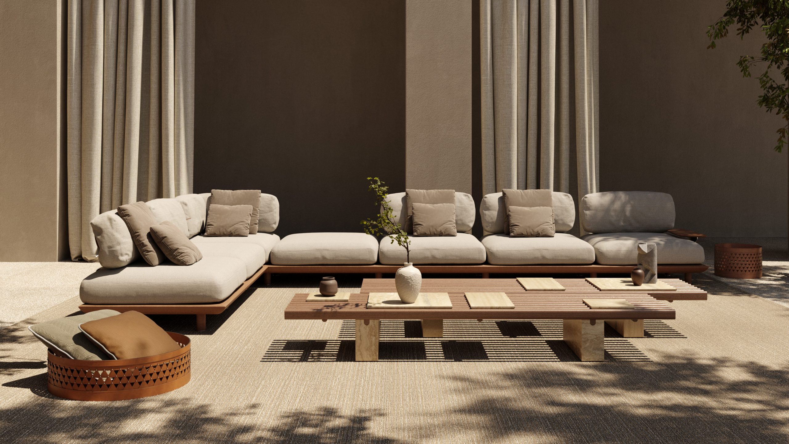 Outdoor living scene featuring a low modular sofa with soft light beige cushions on a warm wood base paired with a sculptural wood coffee table neutral textiles and earthy accents creating a calm refined terrace setting.
