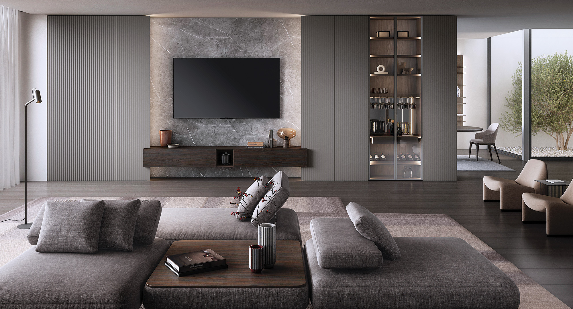 Refined living space featuring a balanced composition of modular seating a low wood table and a wall integrated media unit with stone paneling and vertical wood details creating a calm contemporary atmosphere anchored by warm neutral tones.