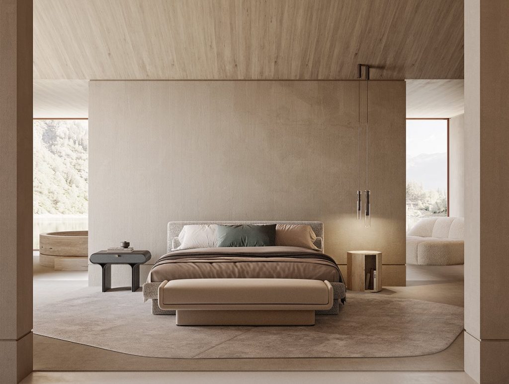 A tranquil bedroom with warm oak panels, soft beige walls, and open views. The upholstered bed and matching bench rest on a rounded rug, paired with sculptural night tables and slim pendant lights for a refined, contemporary retreat.